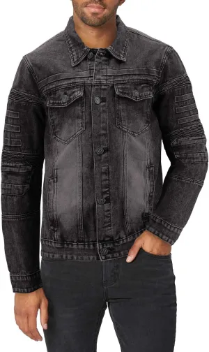 vkwear Men's Moto Quilted Cotton Blend Faded Denim Button Up Jean Jacket Slim Fit