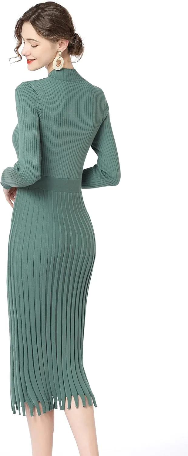 Winter Maxi Sweater Dress Long Sleeve Ribbed Knit Bodycon Sweater Dress for Women V-Neck Midi Wrap Long Dresses