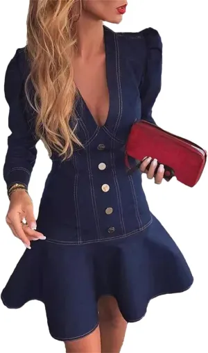 Women Denim Dresses Summer Casual Long Sleeves Button Ruffle Button Down Denim Dress