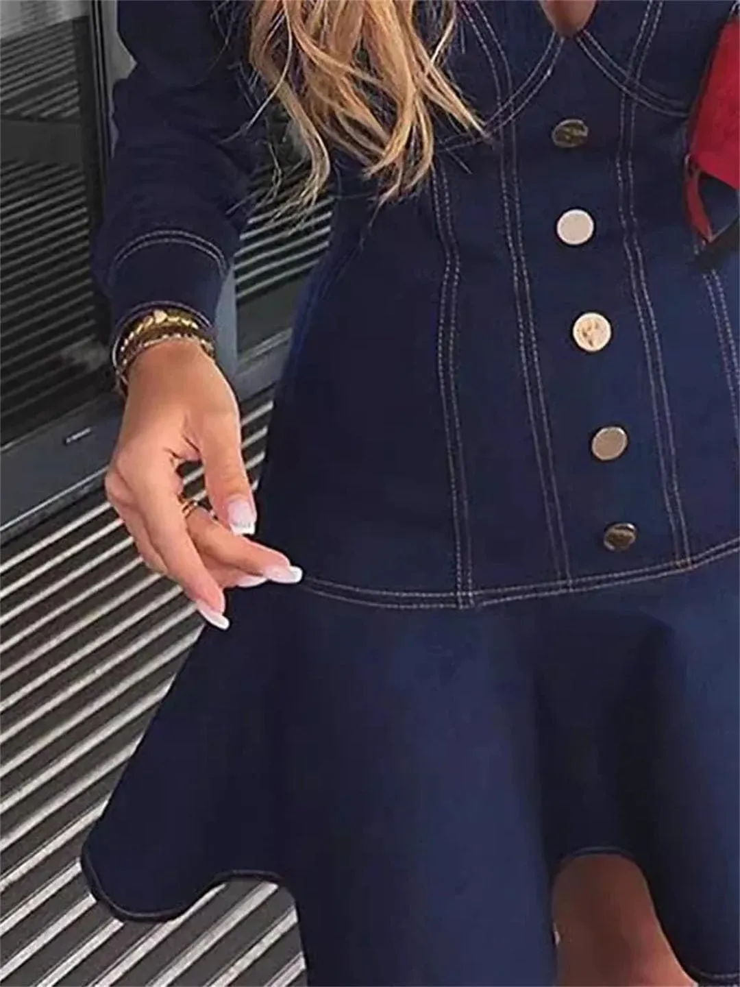 Women Denim Dresses Summer Casual Long Sleeves Button Ruffle Button Down Denim Dress