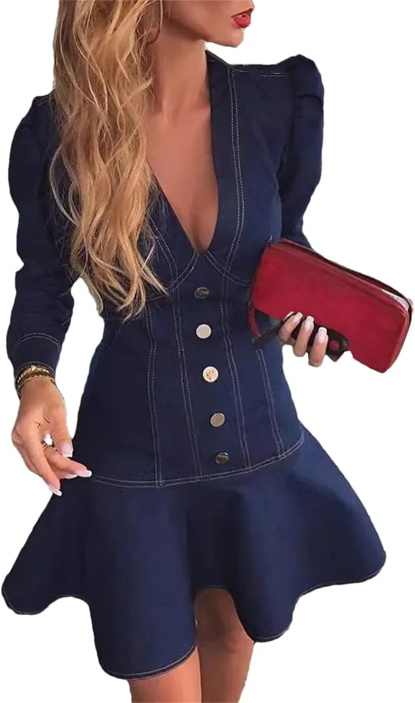 Women Denim Dresses Summer Casual Long Sleeves Button Ruffle Button Down Denim Dress