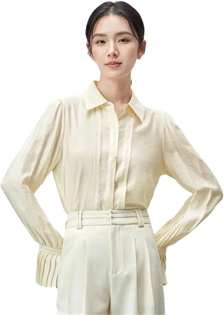 Women Long Sleeve Solid Shirt Office Lady Pleate-Detail Sleeve BlouseOffice Lady Button Up Top