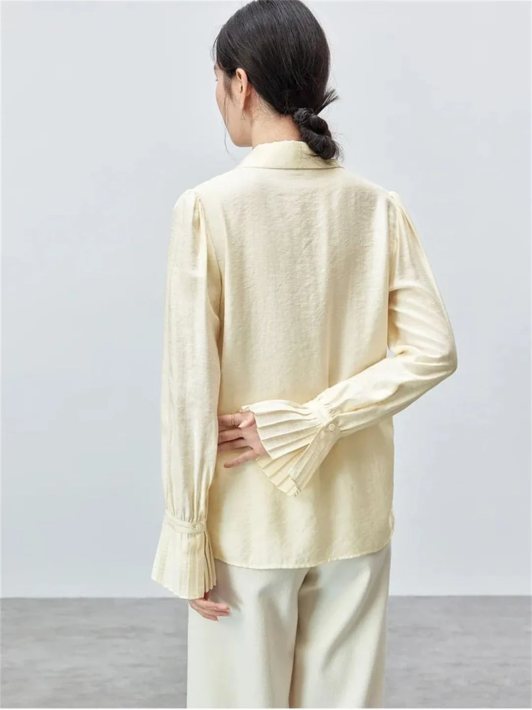 Women Long Sleeve Solid Shirt Office Lady Pleate-Detail Sleeve BlouseOffice Lady Button Up Top