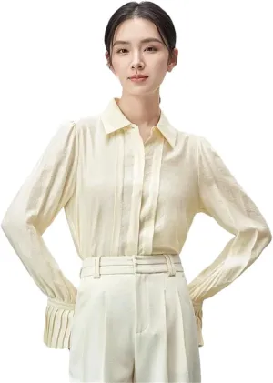Women Long Sleeve Solid Shirt Office Lady Pleate-Detail Sleeve BlouseOffice Lady Button Up Top