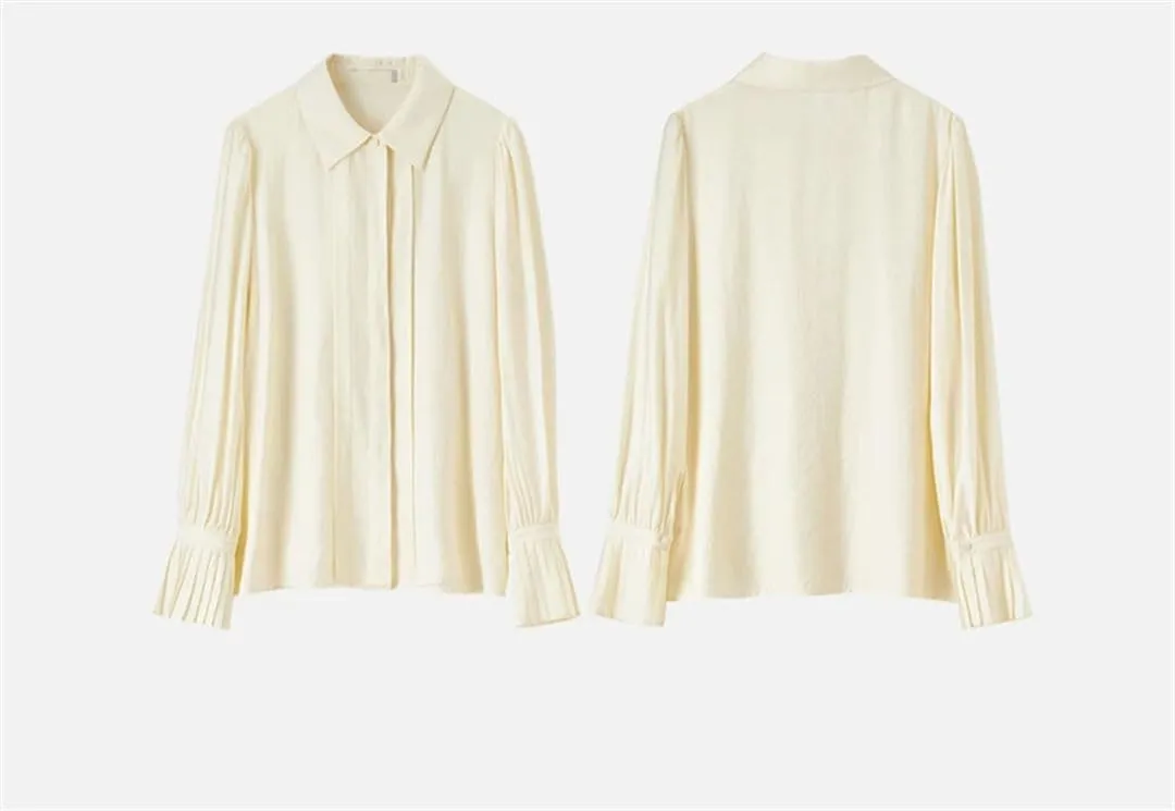 Women Long Sleeve Solid Shirt Office Lady Pleate-Detail Sleeve BlouseOffice Lady Button Up Top