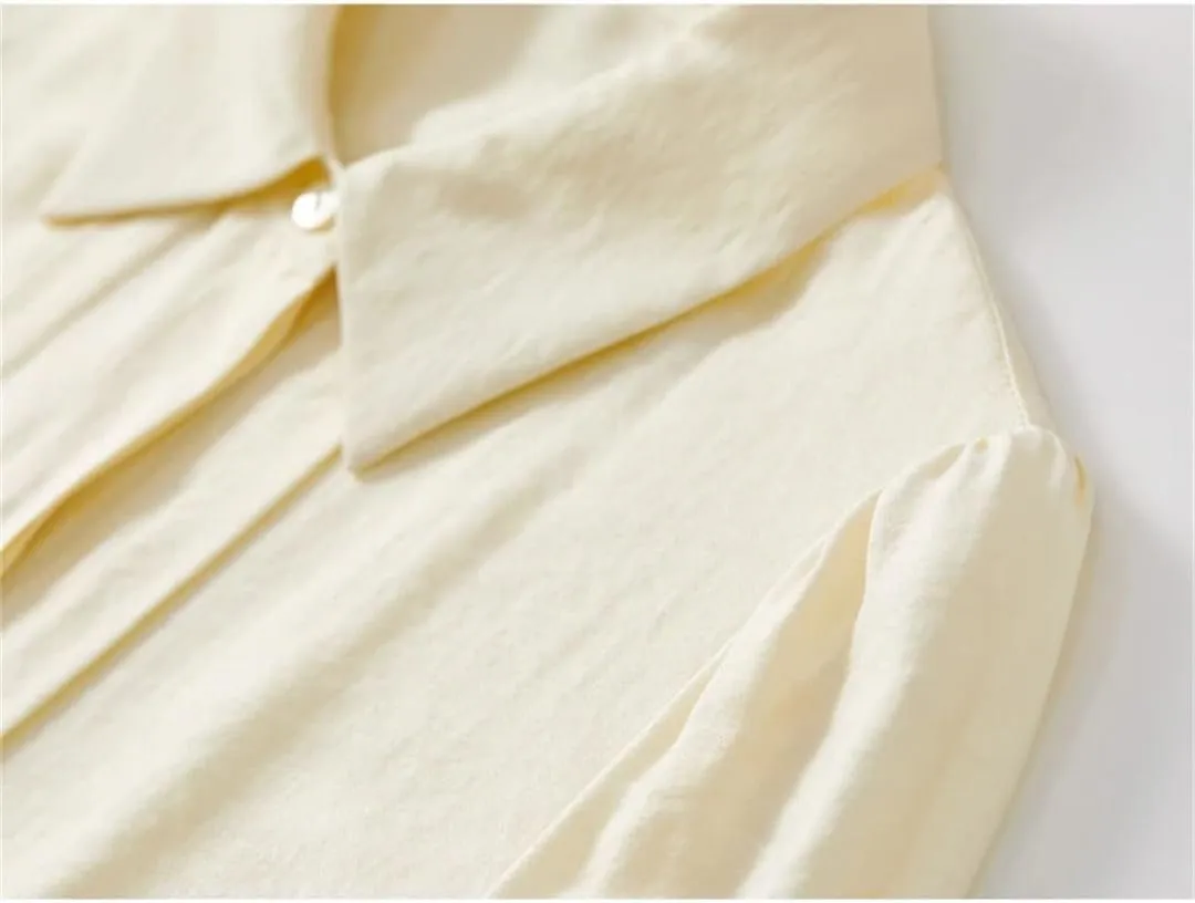 Women Long Sleeve Solid Shirt Office Lady Pleate-Detail Sleeve BlouseOffice Lady Button Up Top