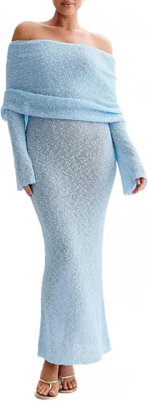 Women Sexy Off Shoulder Maxi Dress Long Sleeve Knit Crochet Bodycon Ruched Mesh Beach Vacation Party Sweater Dresses