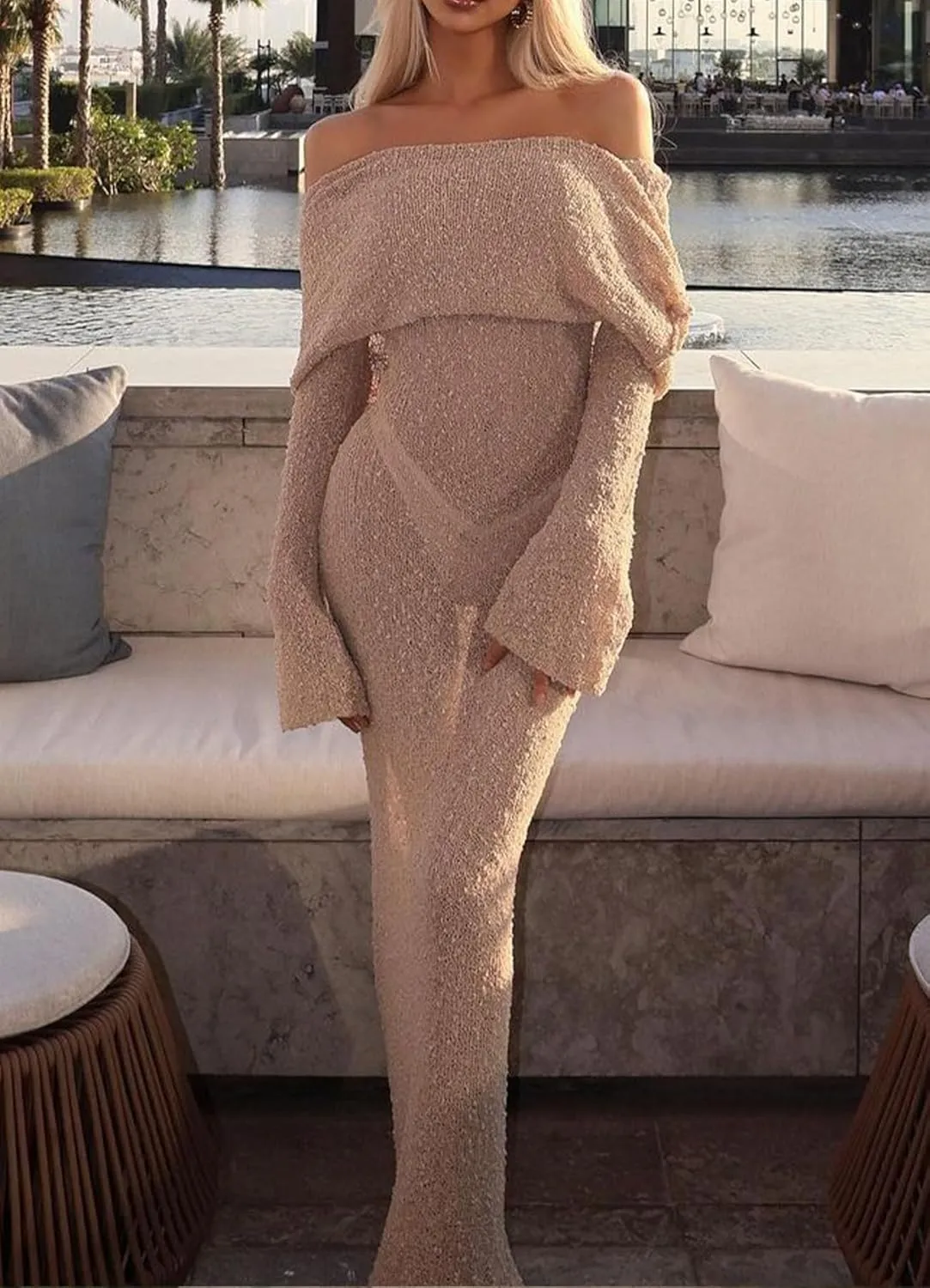 Women Sexy Off Shoulder Maxi Dress Long Sleeve Knit Crochet Bodycon Ruched Mesh Beach Vacation Party Sweater Dresses