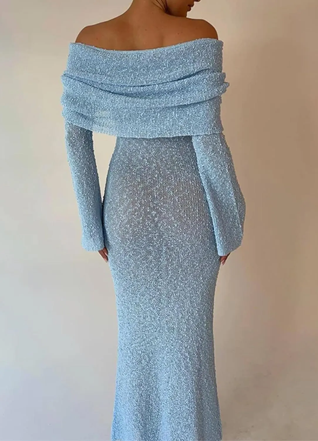 Women Sexy Off Shoulder Maxi Dress Long Sleeve Knit Crochet Bodycon Ruched Mesh Beach Vacation Party Sweater Dresses