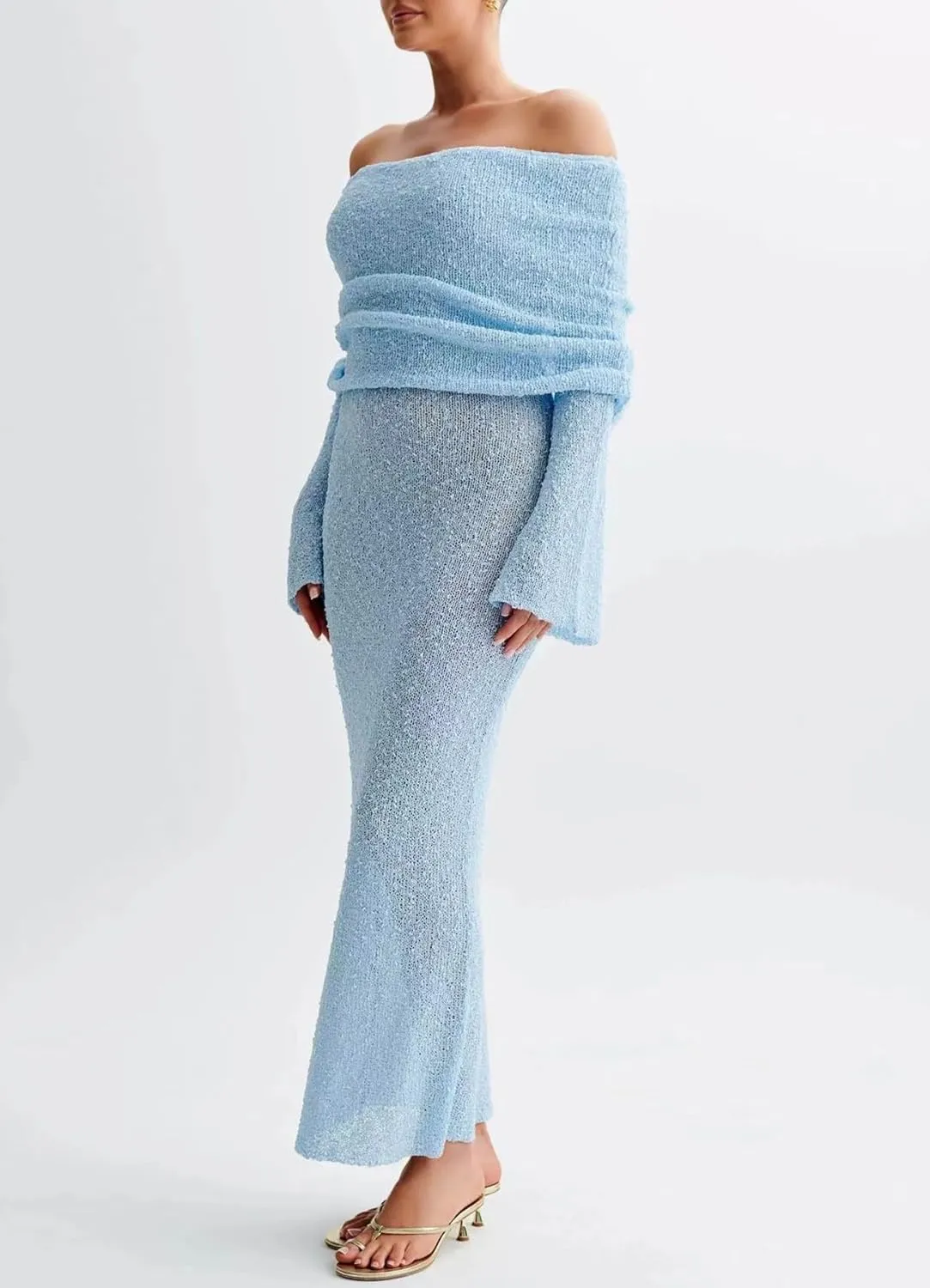 Women Sexy Off Shoulder Maxi Dress Long Sleeve Knit Crochet Bodycon Ruched Mesh Beach Vacation Party Sweater Dresses