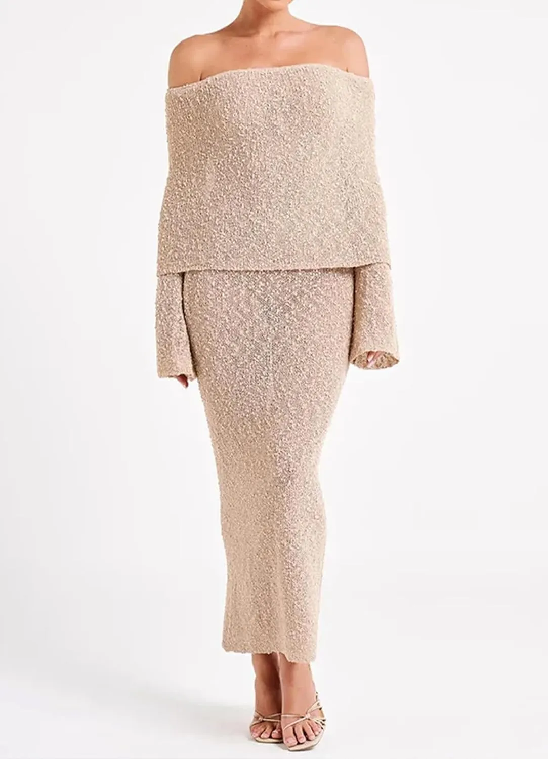 Women Sexy Off Shoulder Maxi Dress Long Sleeve Knit Crochet Bodycon Ruched Mesh Beach Vacation Party Sweater Dresses