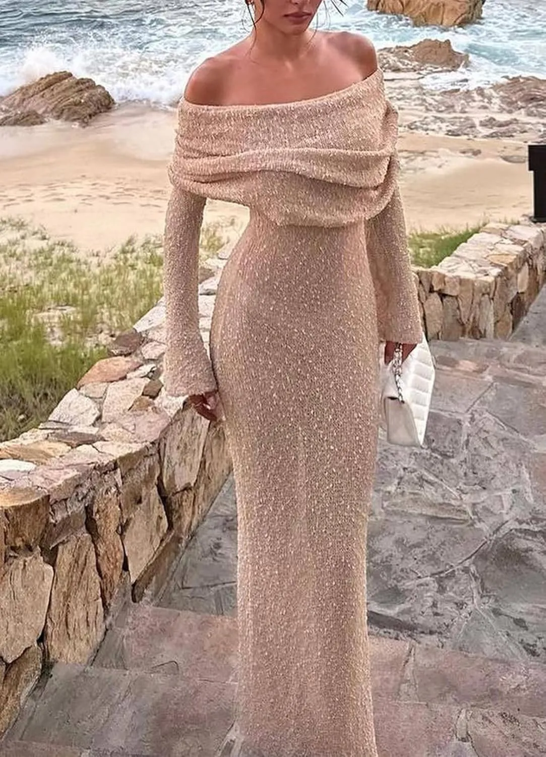 Women Sexy Off Shoulder Maxi Dress Long Sleeve Knit Crochet Bodycon Ruched Mesh Beach Vacation Party Sweater Dresses