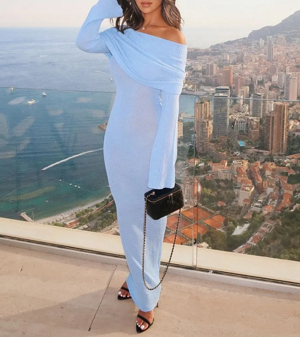 Women Sexy Off Shoulder Maxi Dress Long Sleeve Knit Crochet Bodycon Ruched Mesh Beach Vacation Party Sweater Dresses