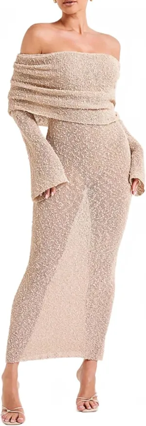 Women Sexy Off Shoulder Maxi Dress Long Sleeve Knit Crochet Bodycon Ruched Mesh Beach Vacation Party Sweater Dresses