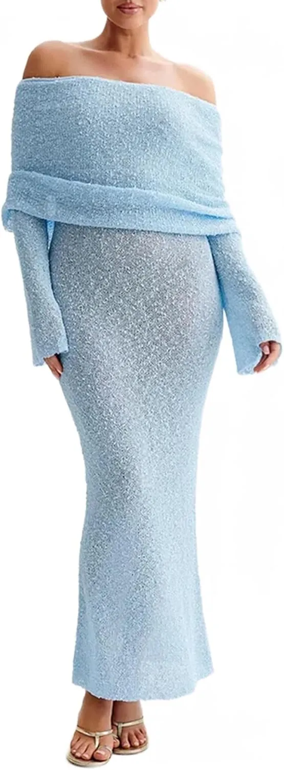Women Sexy Off Shoulder Maxi Dress Long Sleeve Knit Crochet Bodycon Ruched Mesh Beach Vacation Party Sweater Dresses