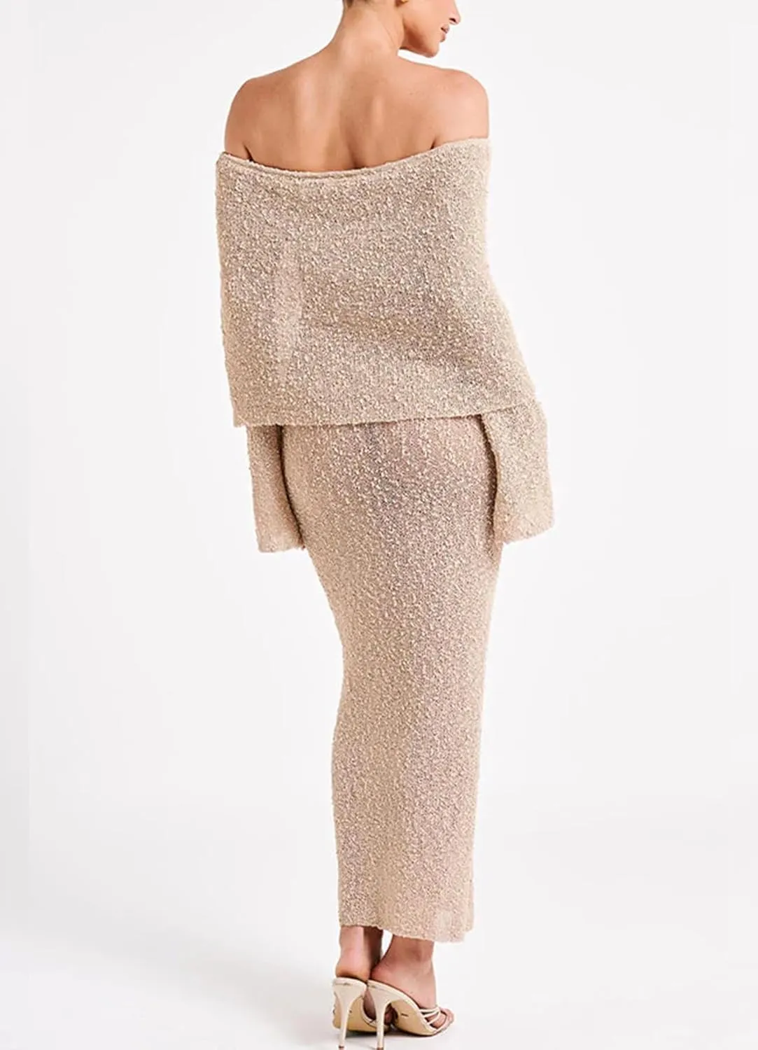 Women Sexy Off Shoulder Maxi Dress Long Sleeve Knit Crochet Bodycon Ruched Mesh Beach Vacation Party Sweater Dresses