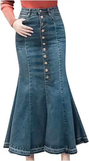 Women Top Denim Skirt Medium Length Skirt Slim Fit Denim Button-Front Skirt Midi Skirt Umbrella Skirt