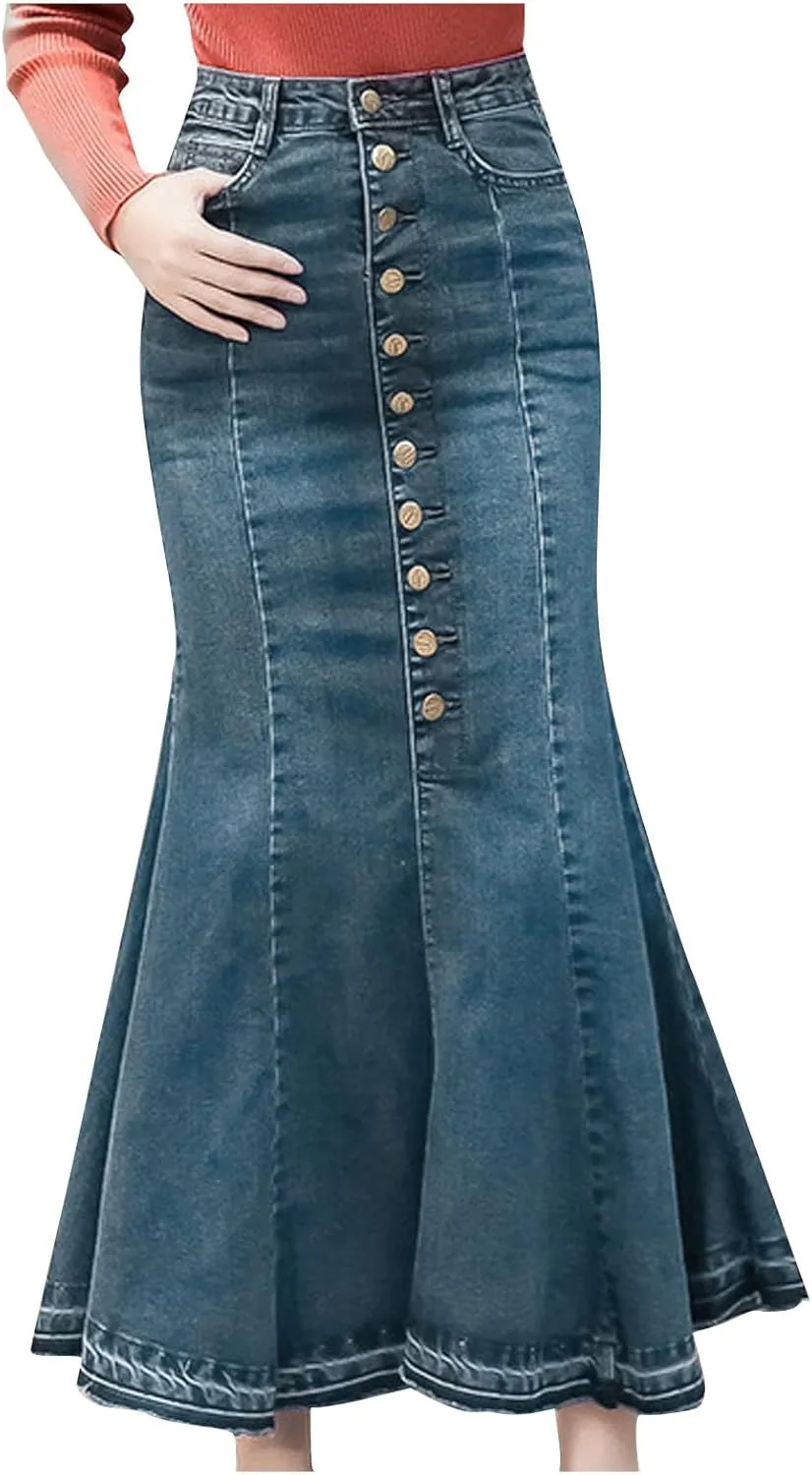 Women Top Denim Skirt Medium Length Skirt Slim Fit Denim Button-Front Skirt Midi Skirt Umbrella Skirt
