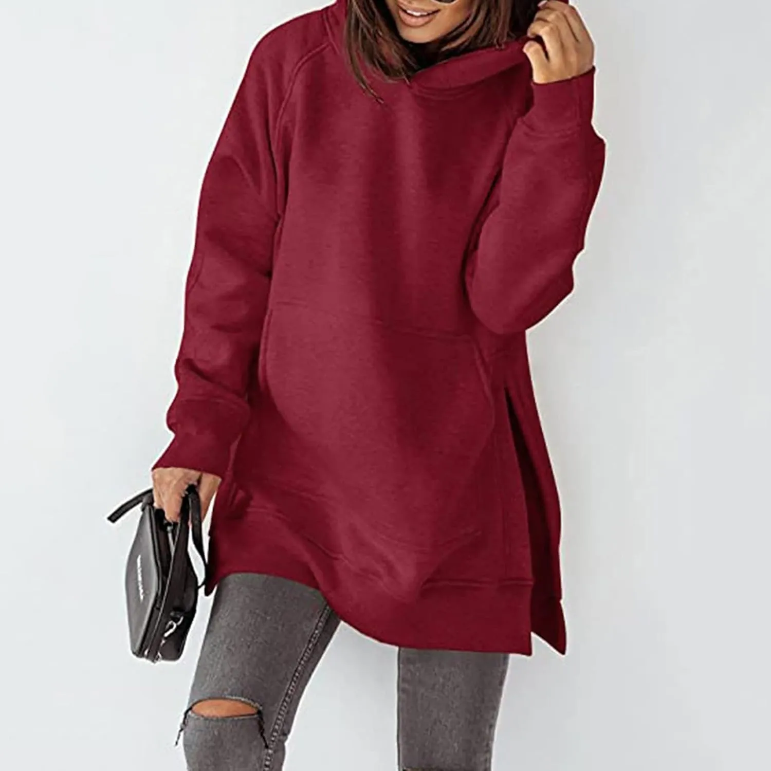 Women's Casual Long Hoodies Oversized Thick Fleece Solid Color Hooded Sweatshirt Pullover Side Split High Low Hem Tops