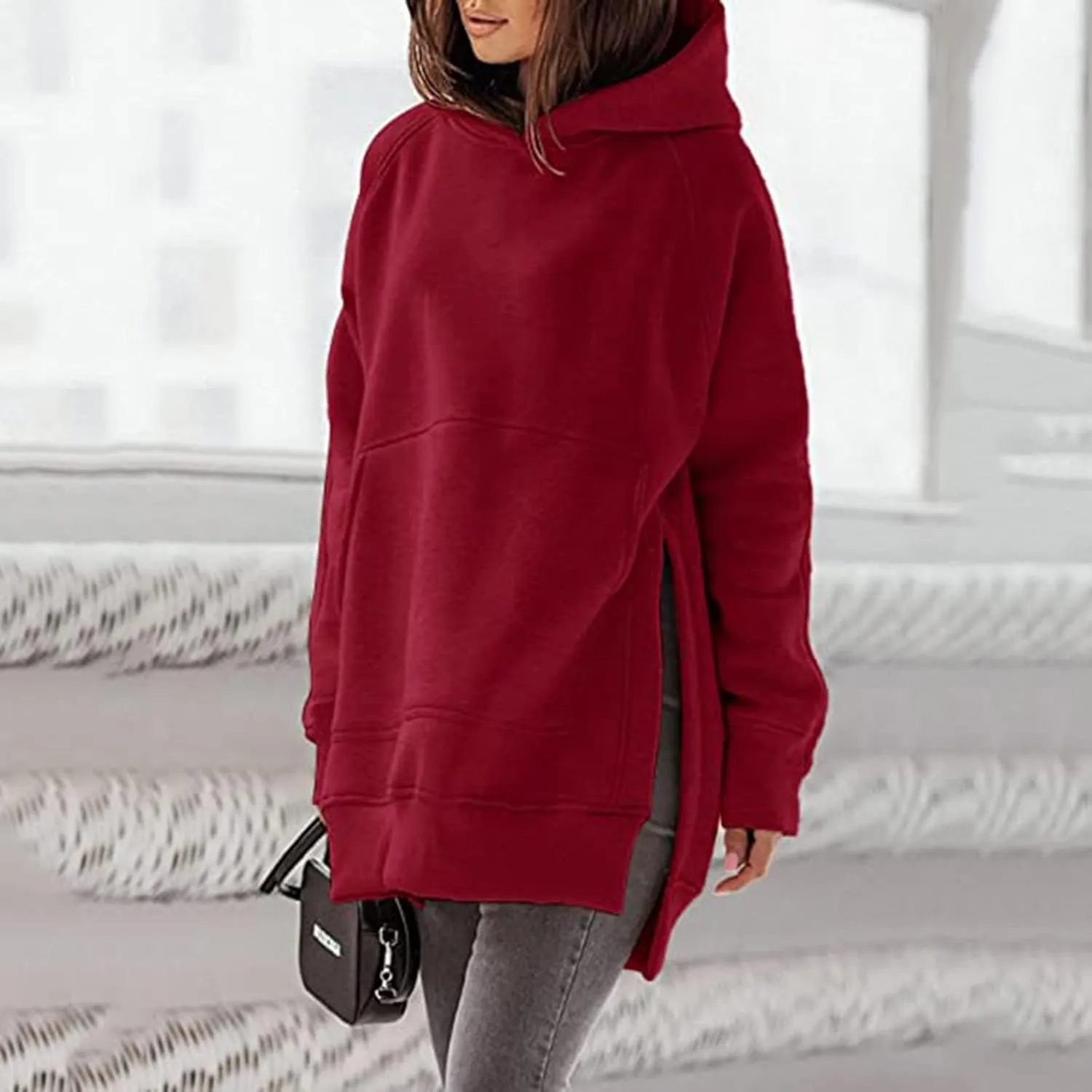 Women's Casual Long Hoodies Oversized Thick Fleece Solid Color Hooded Sweatshirt Pullover Side Split High Low Hem Tops
