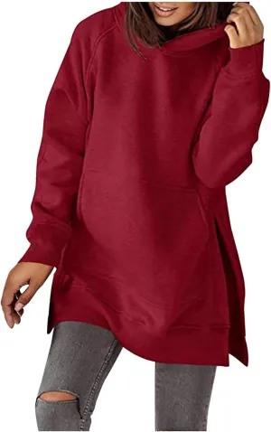 Women's Casual Long Hoodies Oversized Thick Fleece Solid Color Hooded Sweatshirt Pullover Side Split High Low Hem Tops