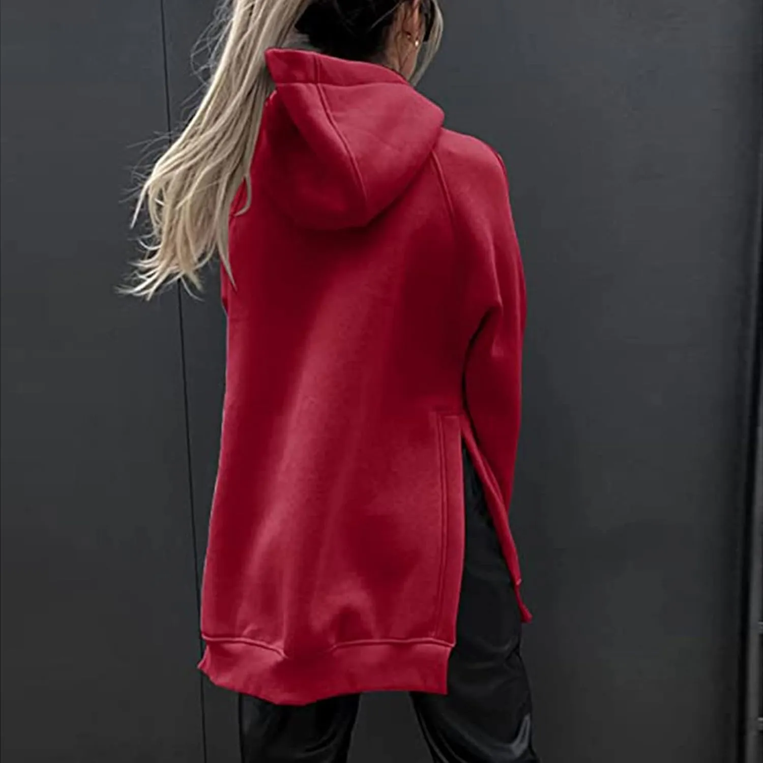 Women's Casual Long Hoodies Oversized Thick Fleece Solid Color Hooded Sweatshirt Pullover Side Split High Low Hem Tops