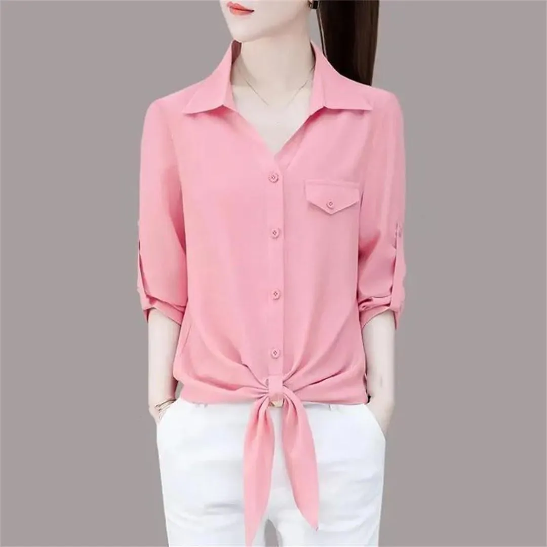 Women’S Commuter Blouse 3/4 Sleeve Polo Neck Single-Breasted Lace Detail Spring Tops