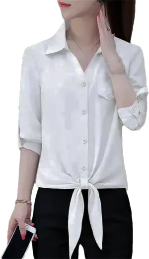 Women’S Commuter Blouse 3/4 Sleeve Polo Neck Single-Breasted Lace Detail Spring Tops