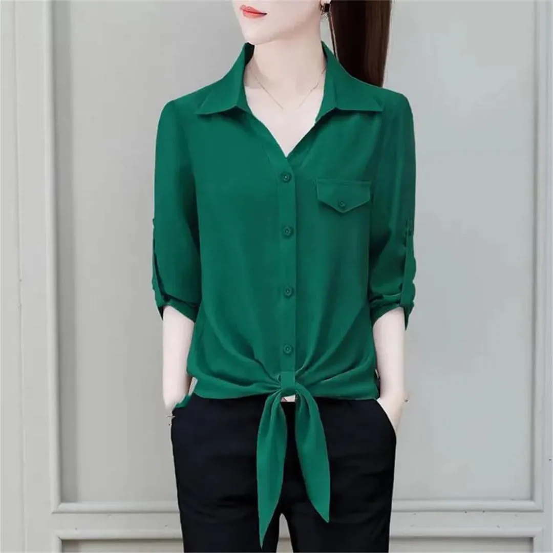 Women’S Commuter Blouse 3/4 Sleeve Polo Neck Single-Breasted Lace Detail Spring Tops