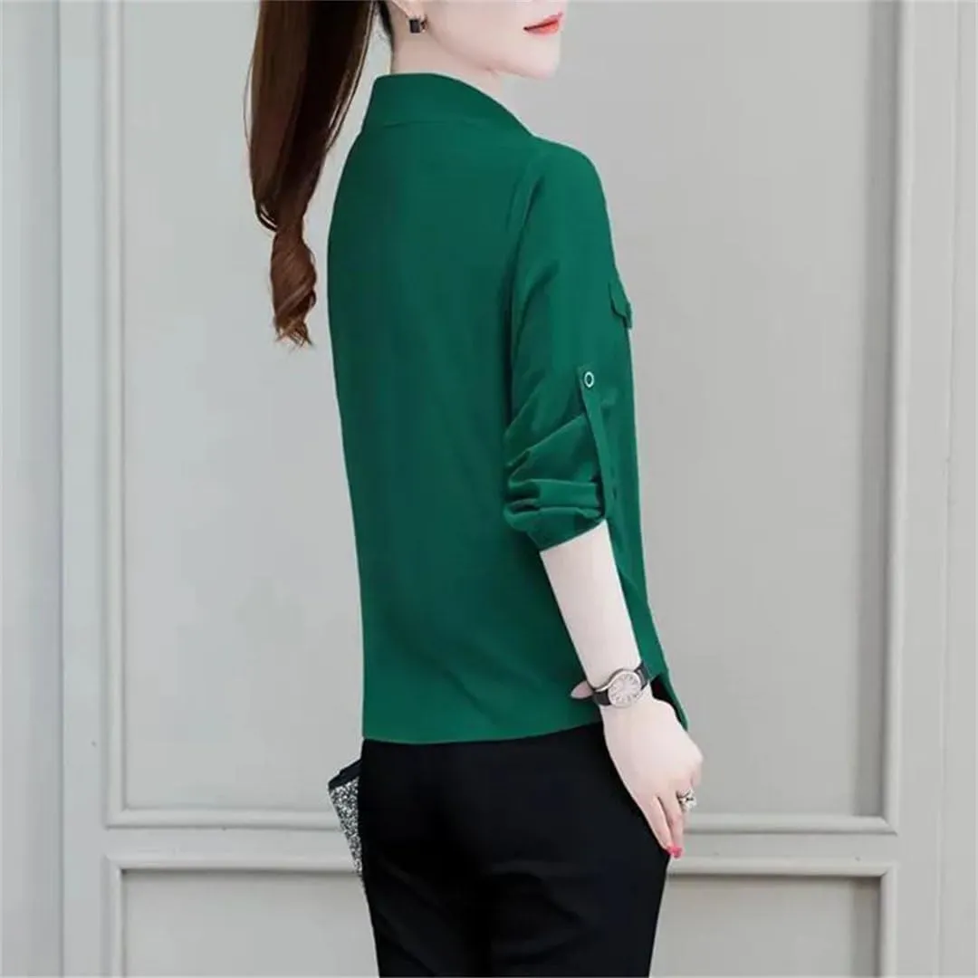 Women’S Commuter Blouse 3/4 Sleeve Polo Neck Single-Breasted Lace Detail Spring Tops