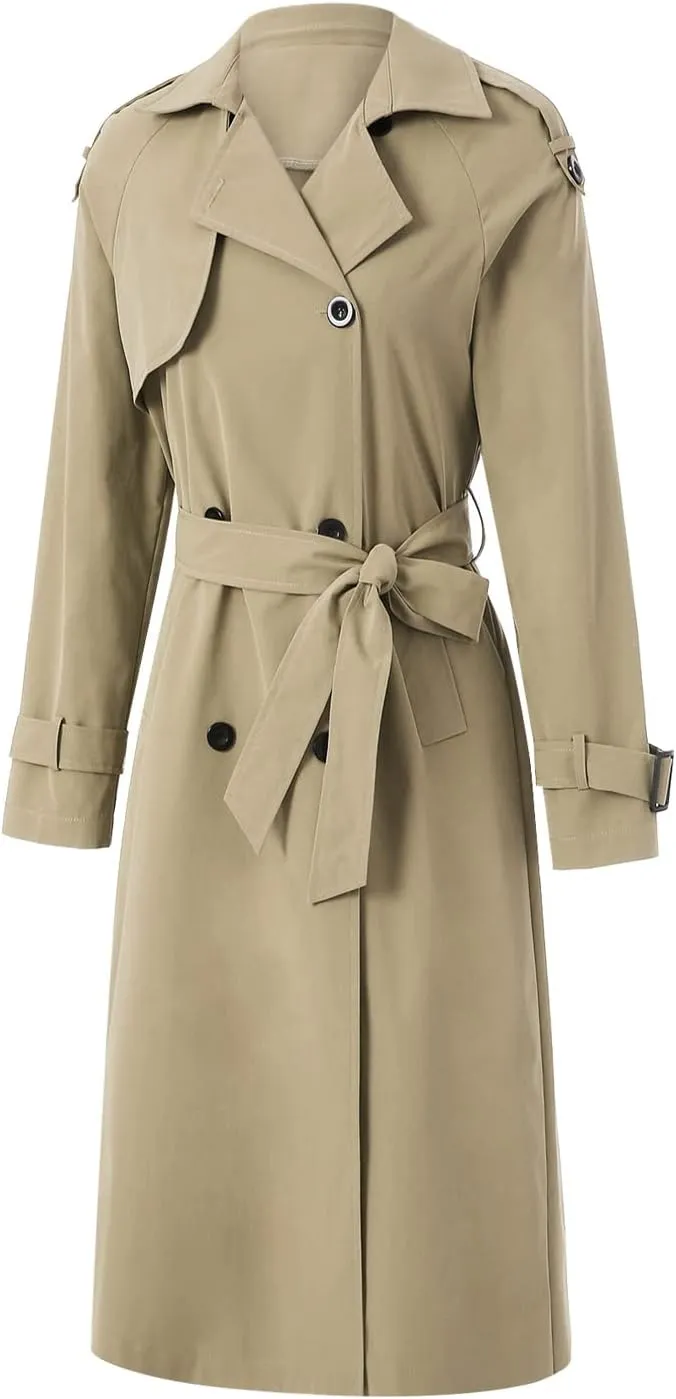 Women's Double Breasted Long Trench Coat Classic Lapel Long Sleeve Casual Windproof Overcoat with Belt Streetwear