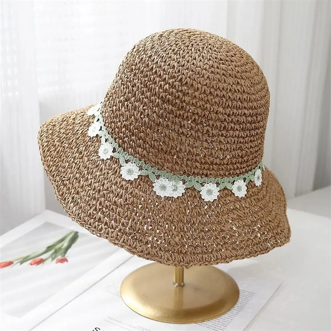 Women's Lace Detail Foldable Fisherman Straw Casual Cap For Sun Protection And Style
