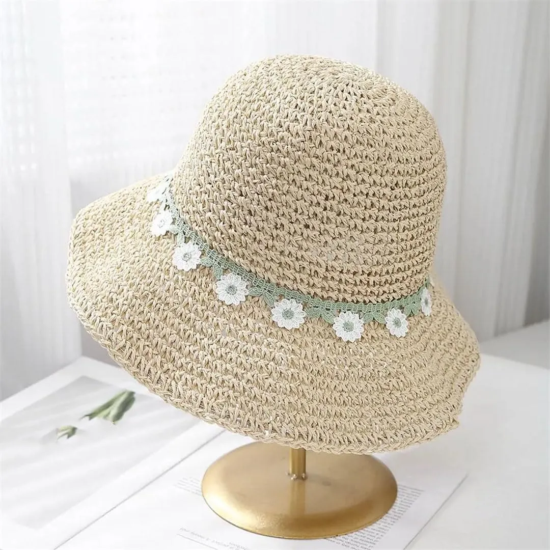Women's Lace Detail Foldable Fisherman Straw Casual Cap For Sun Protection And Style