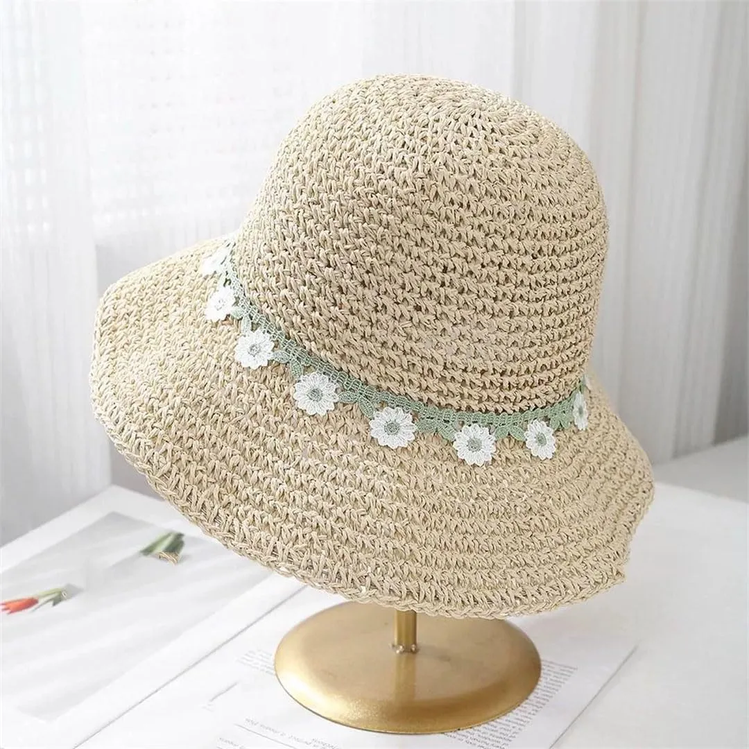 Women's Lace Detail Foldable Fisherman Straw Casual Cap For Sun Protection And Style