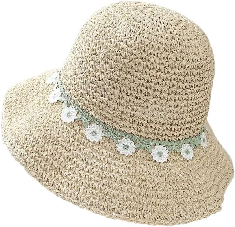 Women's Lace Detail Foldable Fisherman Straw Casual Cap For Sun Protection And Style