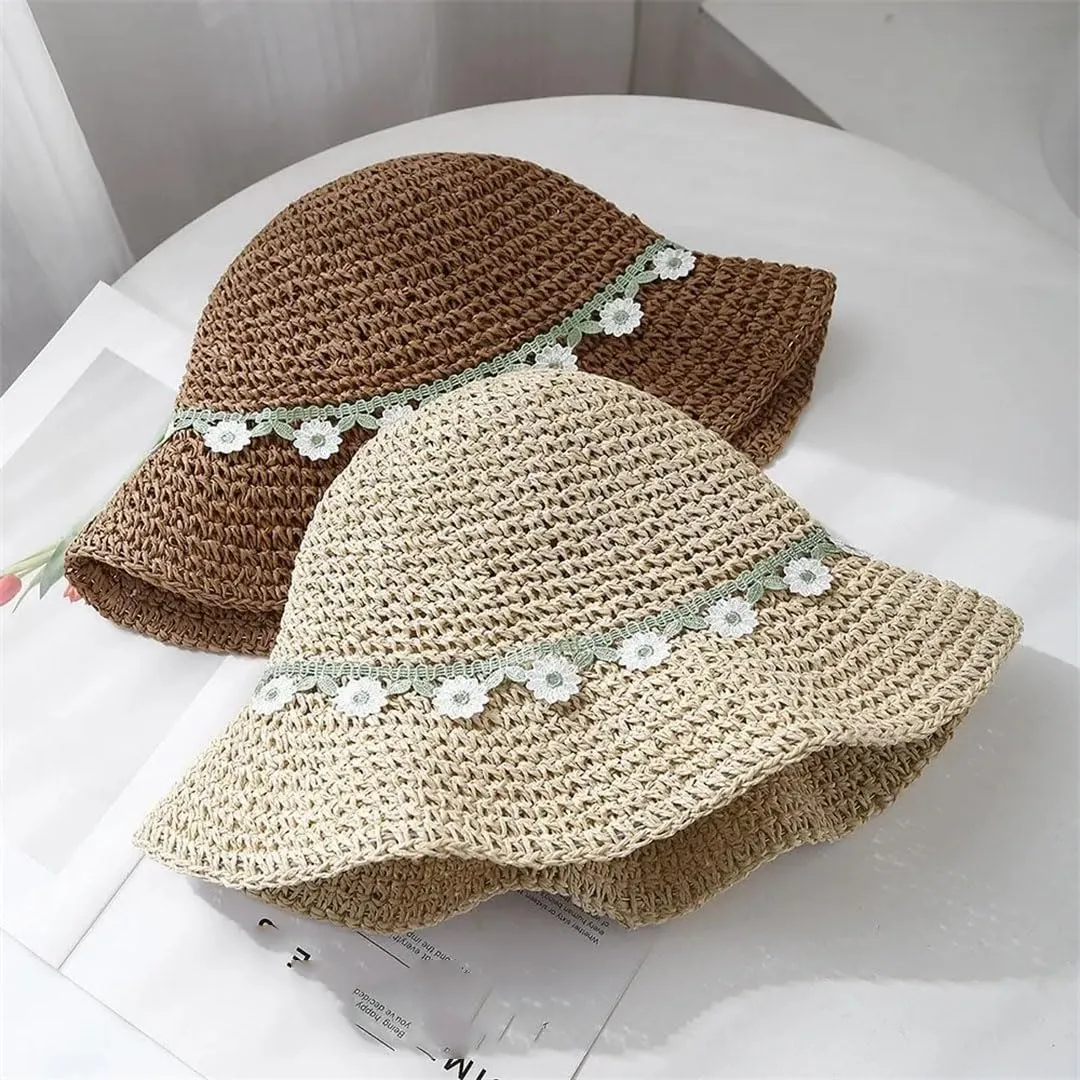 Women's Lace Detail Foldable Fisherman Straw Casual Cap For Sun Protection And Style
