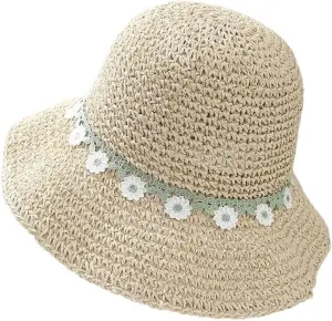 Women's Lace Detail Foldable Fisherman Straw Casual Cap For Sun Protection And Style