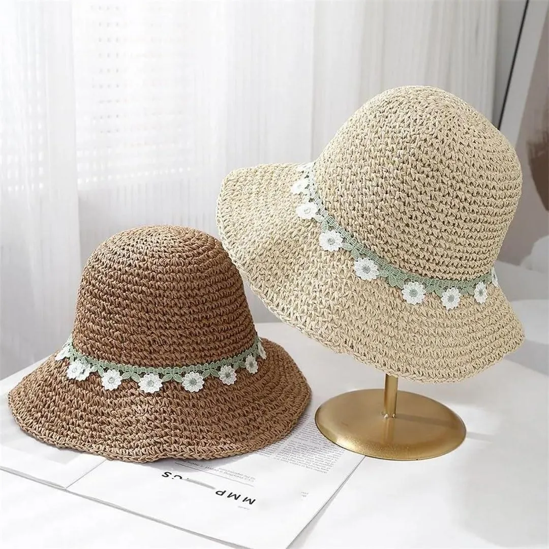 Women's Lace Detail Foldable Fisherman Straw Casual Cap For Sun Protection And Style