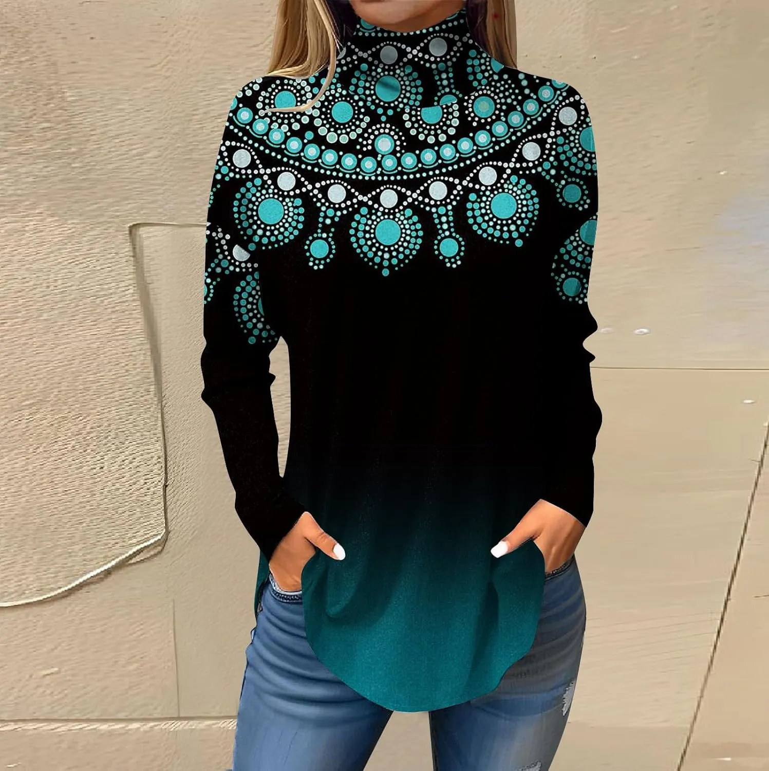 Womens Long Sleeve Tops Printing Long Sleeve T Shirt High Neck Classic Outfits Winter Trendy Cute Pullover Tops