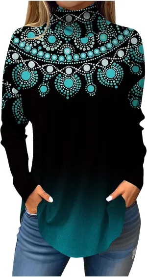 Womens Long Sleeve Tops Printing Long Sleeve T Shirt High Neck Classic Outfits Winter Trendy Cute Pullover Tops