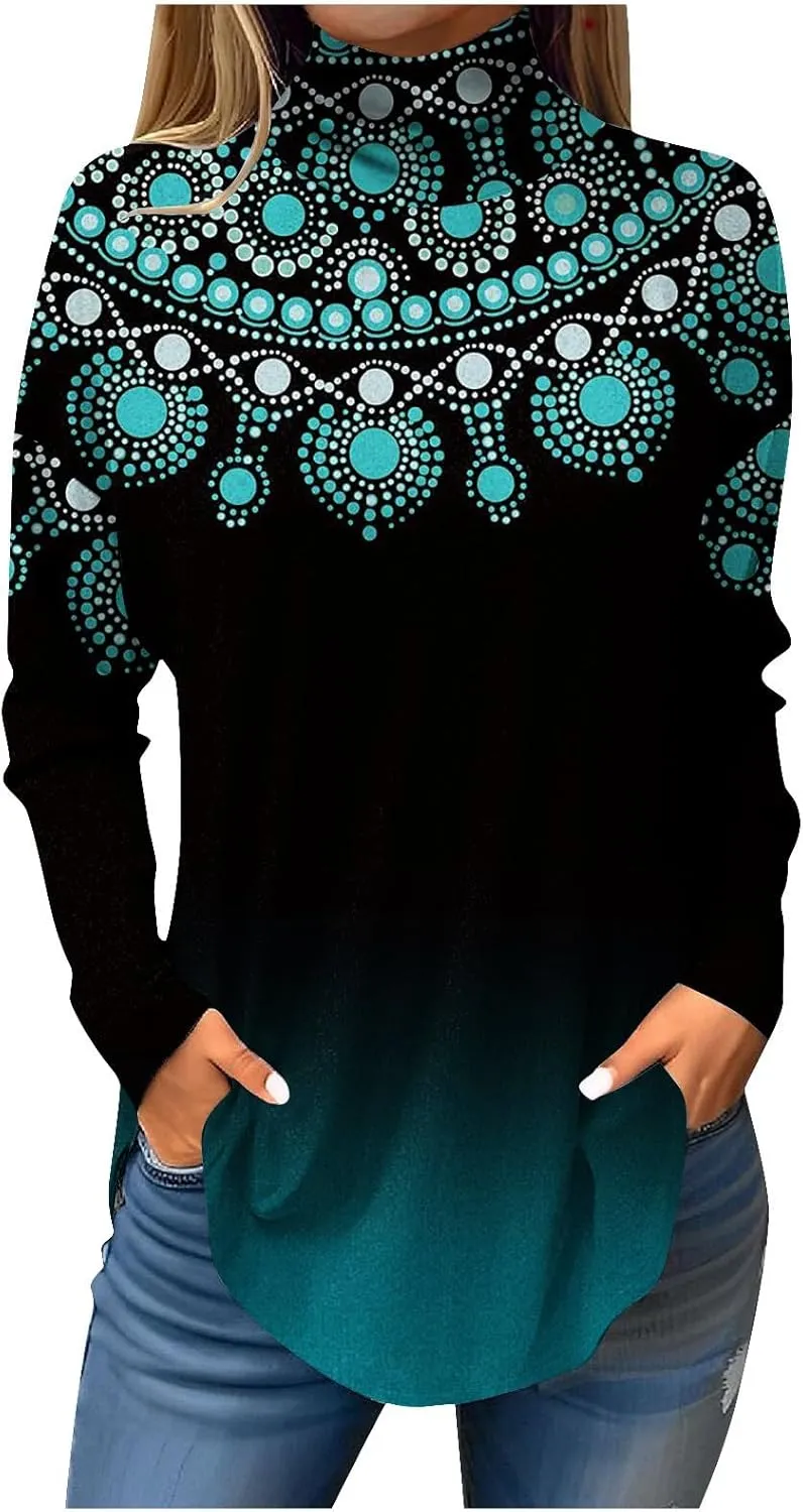 Womens Long Sleeve Tops Printing Long Sleeve T Shirt High Neck Classic Outfits Winter Trendy Cute Pullover Tops