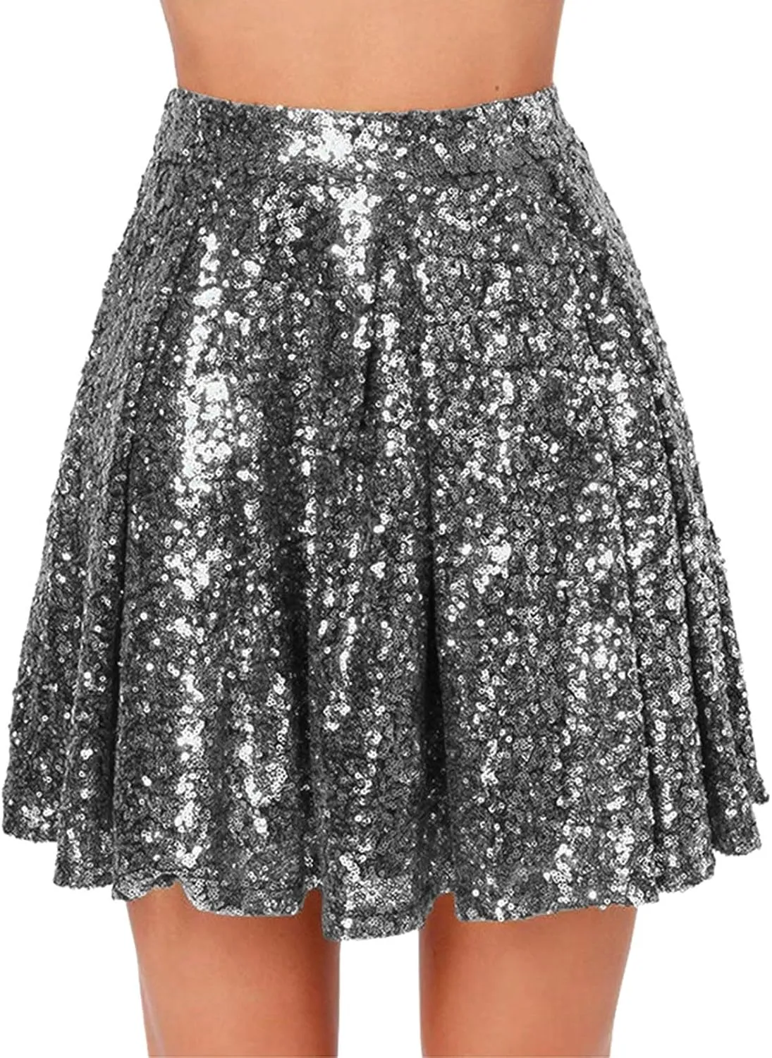 Womens Sequin Skirts Sparkly Knee Length Solid Color Flowy High Waist Sequin Bodycon Sparkly Skirt for Short Skirts