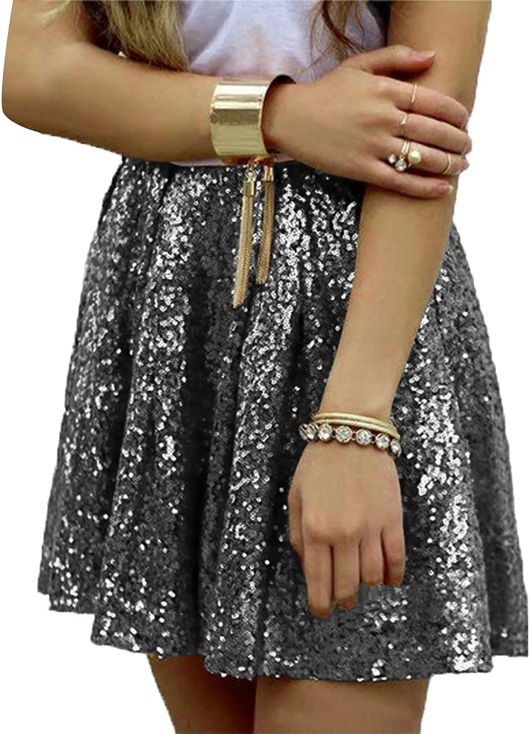 Womens Sequin Skirts Sparkly Knee Length Solid Color Flowy High Waist Sequin Bodycon Sparkly Skirt for Short Skirts