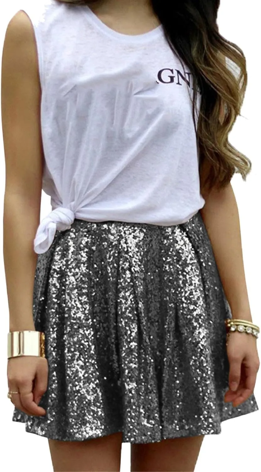 Womens Sequin Skirts Sparkly Knee Length Solid Color Flowy High Waist Sequin Bodycon Sparkly Skirt for Short Skirts
